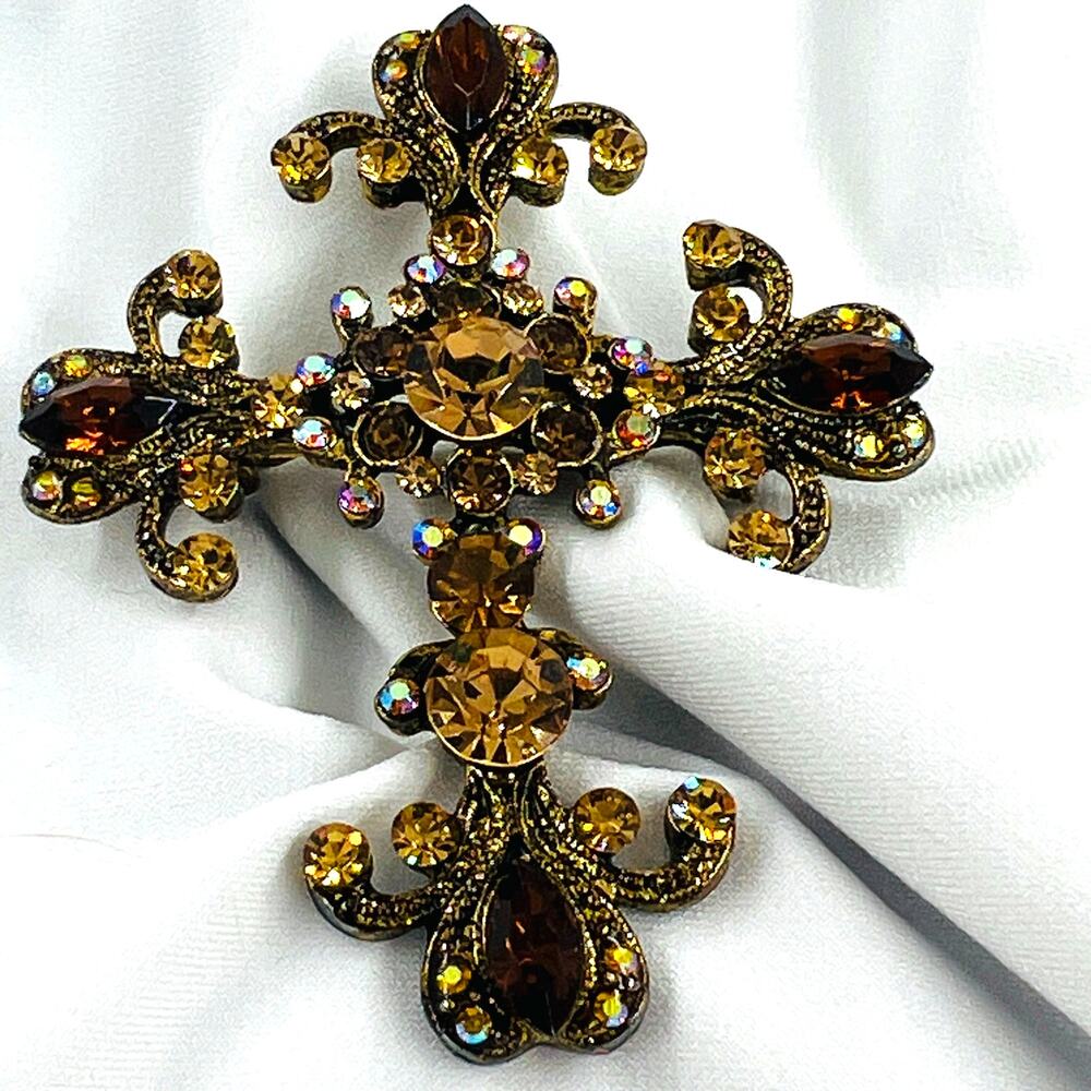 Gothic Cross Pendant Brooch Amber Rhinestone Antiqued Gold Tone Fleur de Lis
